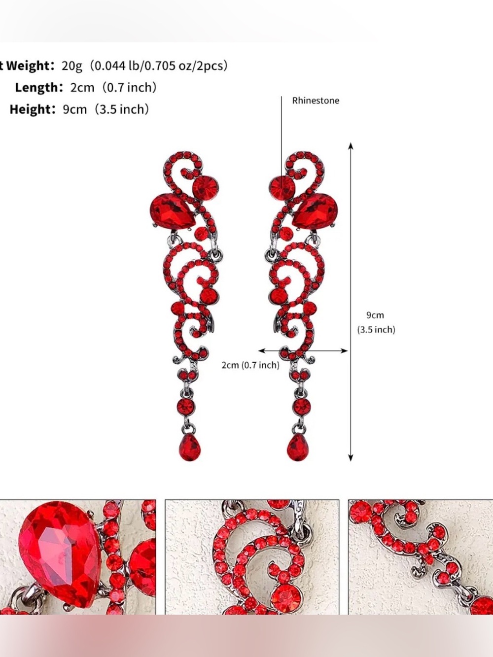 Red Rhinestone Baroque Chandelier Earrings Gothic Scroll Dangle Statement NEW - Picture 6 of 6